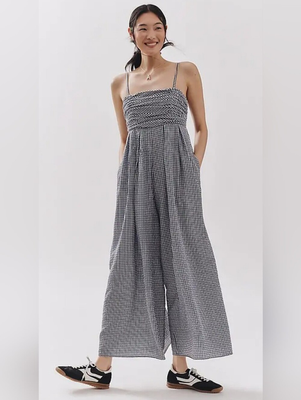 Hutch From Anthropologie Blue And White Gingham Wide Leg Jumpsuit